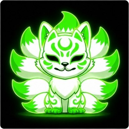 Front-facing neon green and white nine-tailed KITSUNE guardian