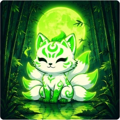 KITSUNE sitting in a moonlit bamboo forest