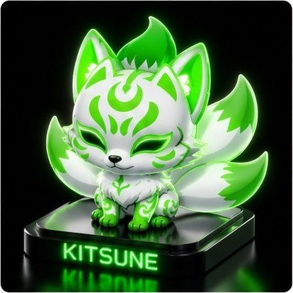 Polished KITSUNE figure on a glowing KITSUNE display pedestal