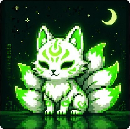 Pixel-art KITSUNE under stars and a crescent moon
