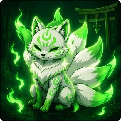 Ceremonial KITSUNE surrounded by green foxfire near a shrine gate