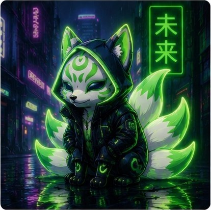 Hooded KITSUNE in a rain-soaked neon city alley