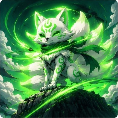 Heroic KITSUNE on a mountain with scarf and green energy trails