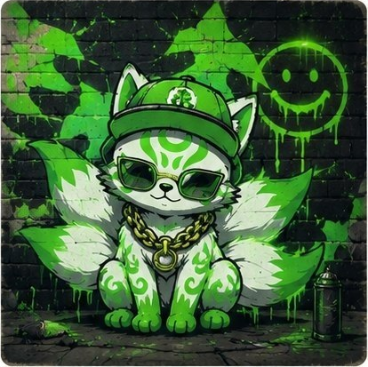Streetwear KITSUNE with cap, sunglasses, chain, and graffiti wall